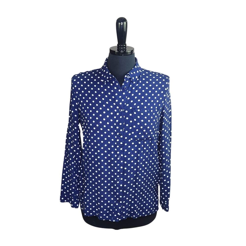 Divided H&M Polka Dot Button Down Blouse Top Blue White Classic 6